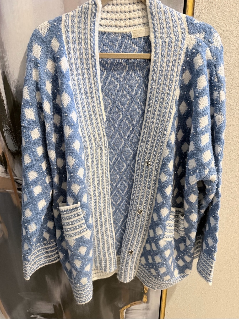 NWOT Light Blue & White Knit Open-Front Cardigan Sweater with pearls.